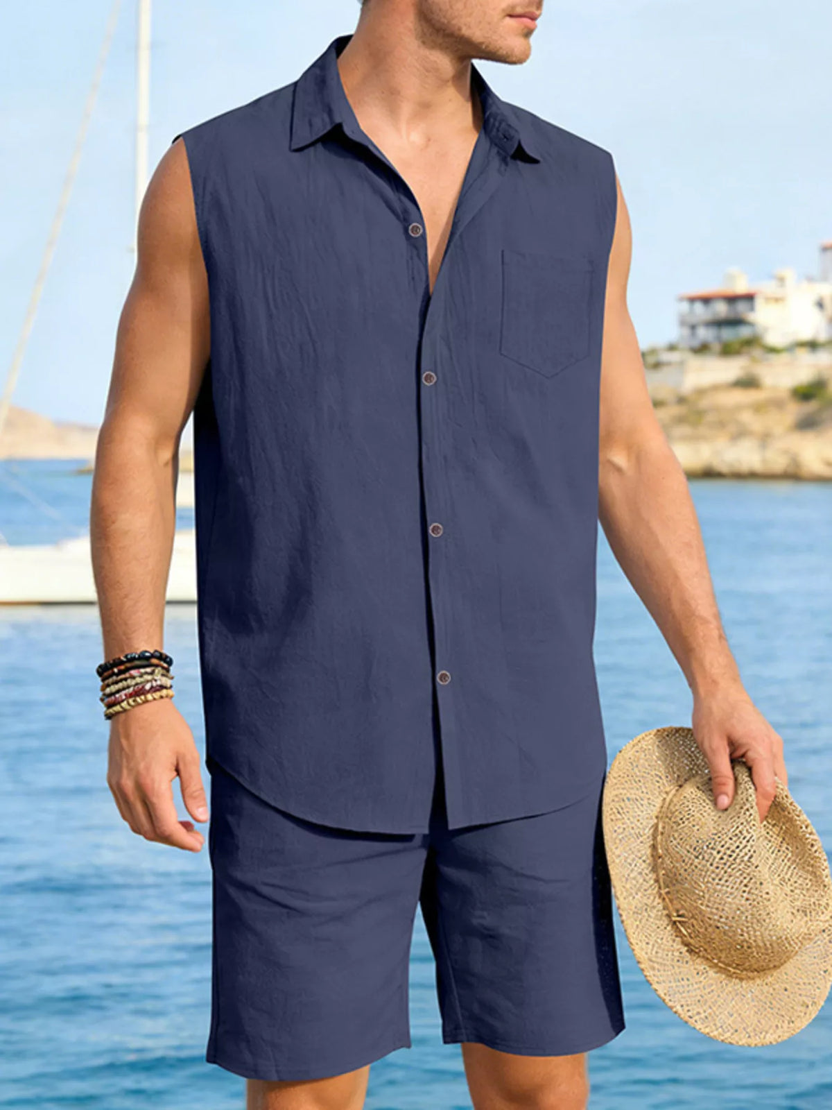 Men's Full Size Button Up Sleeveless Top and Shorts Plus Size - Lilixa.store