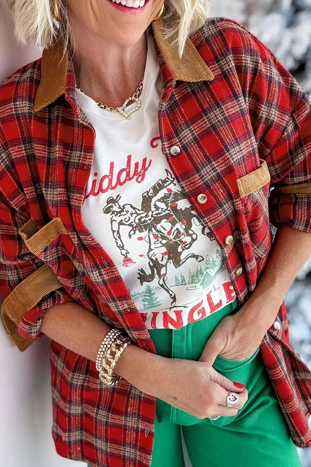 Plaid Corduroy Trim Dropped Shoulder Shacket