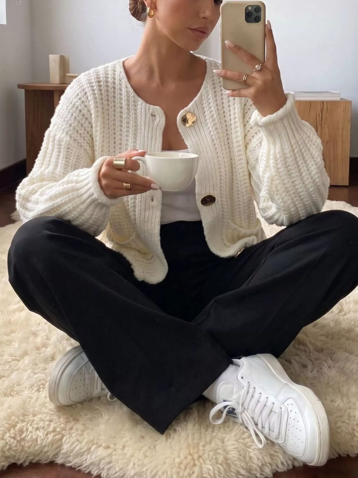 Ribbed Knit Cardigan with Gold-Tone Buttons, view 3