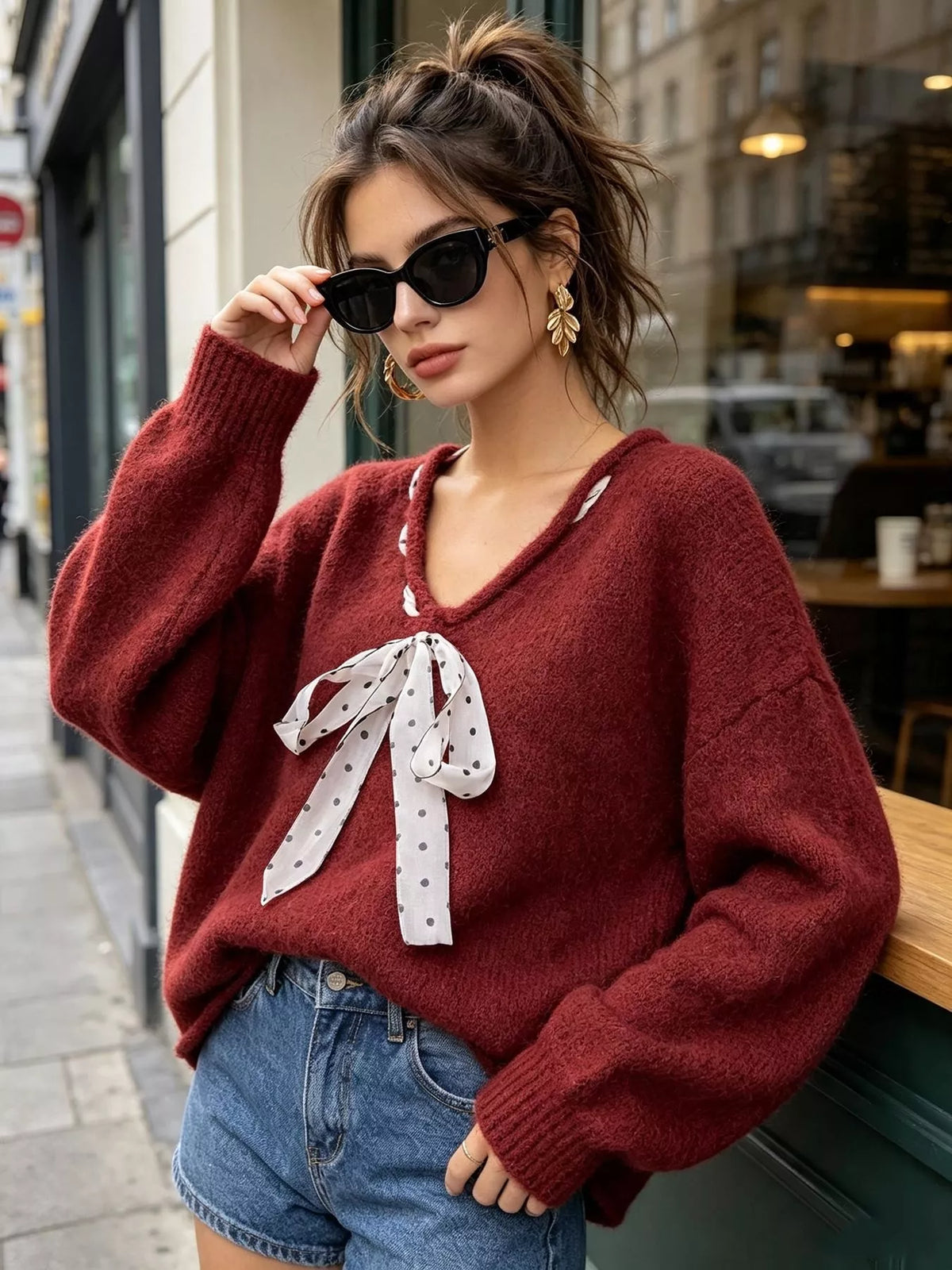 Chic V-Neck Sweater with Polka Dot Ribbon Tie, view 15