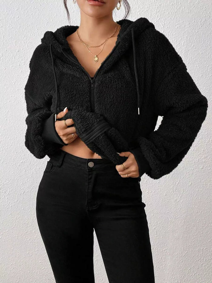 Zip-Up Plush Hooded Outerwear in Black