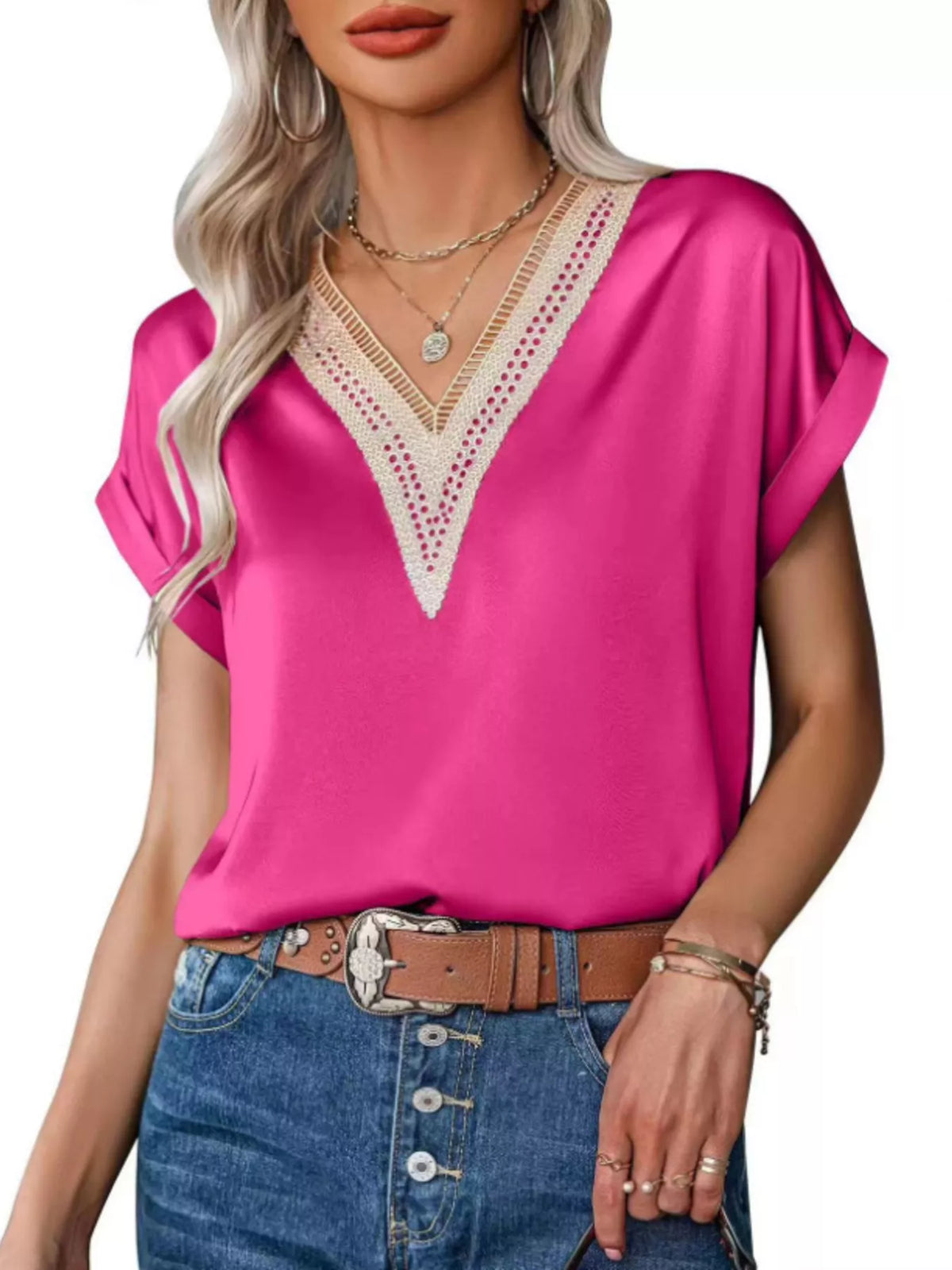 V-Neck Short Sleeve Satin Top