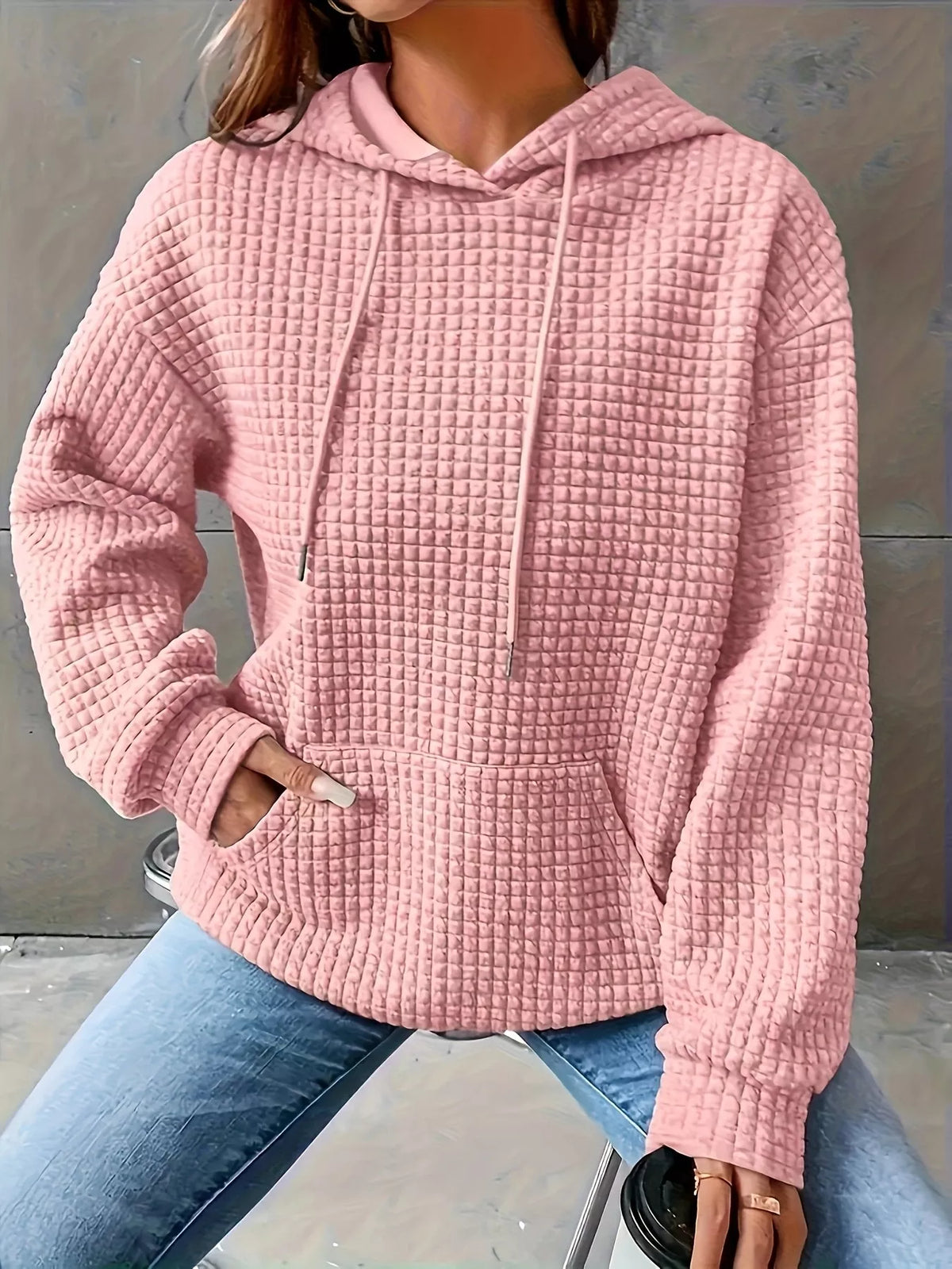 Textured Knit Drawstring Hoodie - Lilixa.store