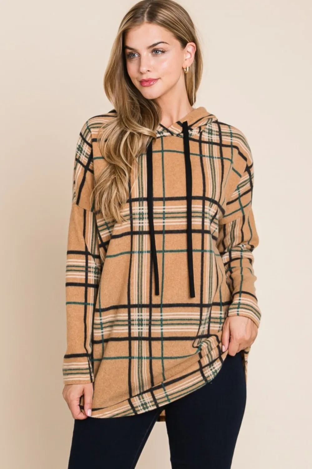 BOMBOM Drawstring Plaid Long Sleeve Hoodie - Lilixa.store