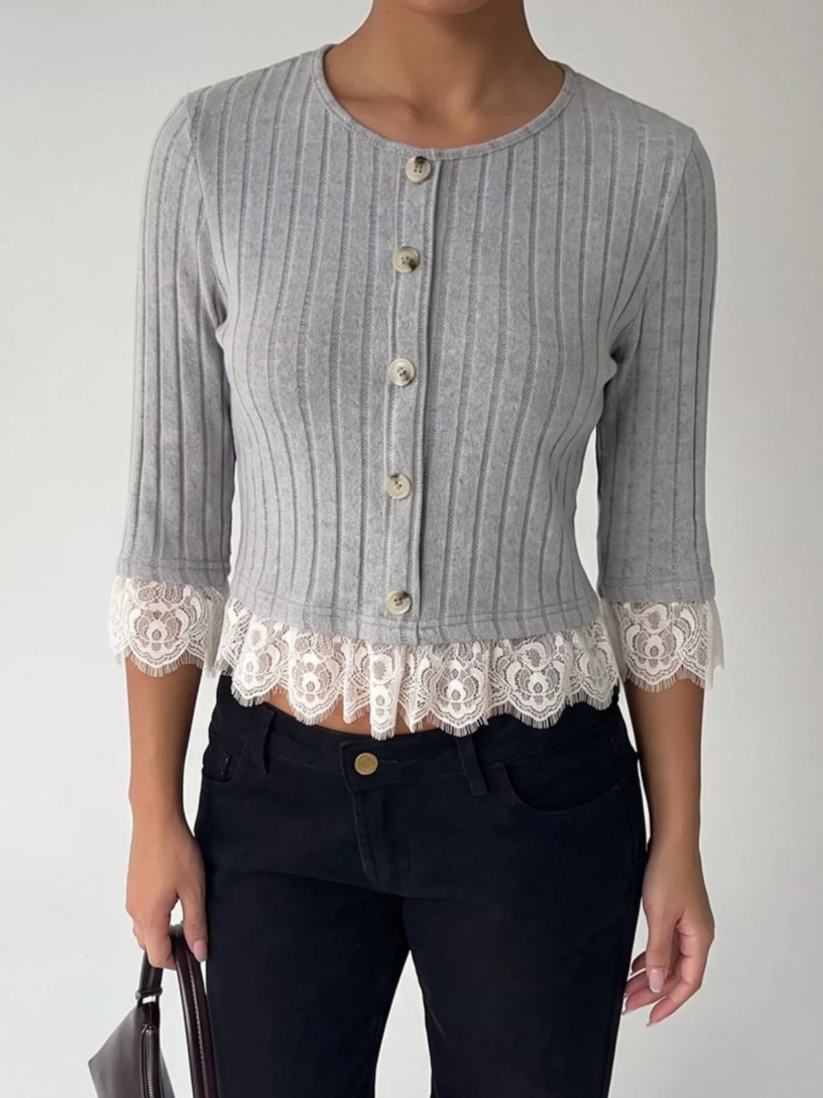 Lace Hem Ribbed Knit Button-Down Top - Lilixa.store