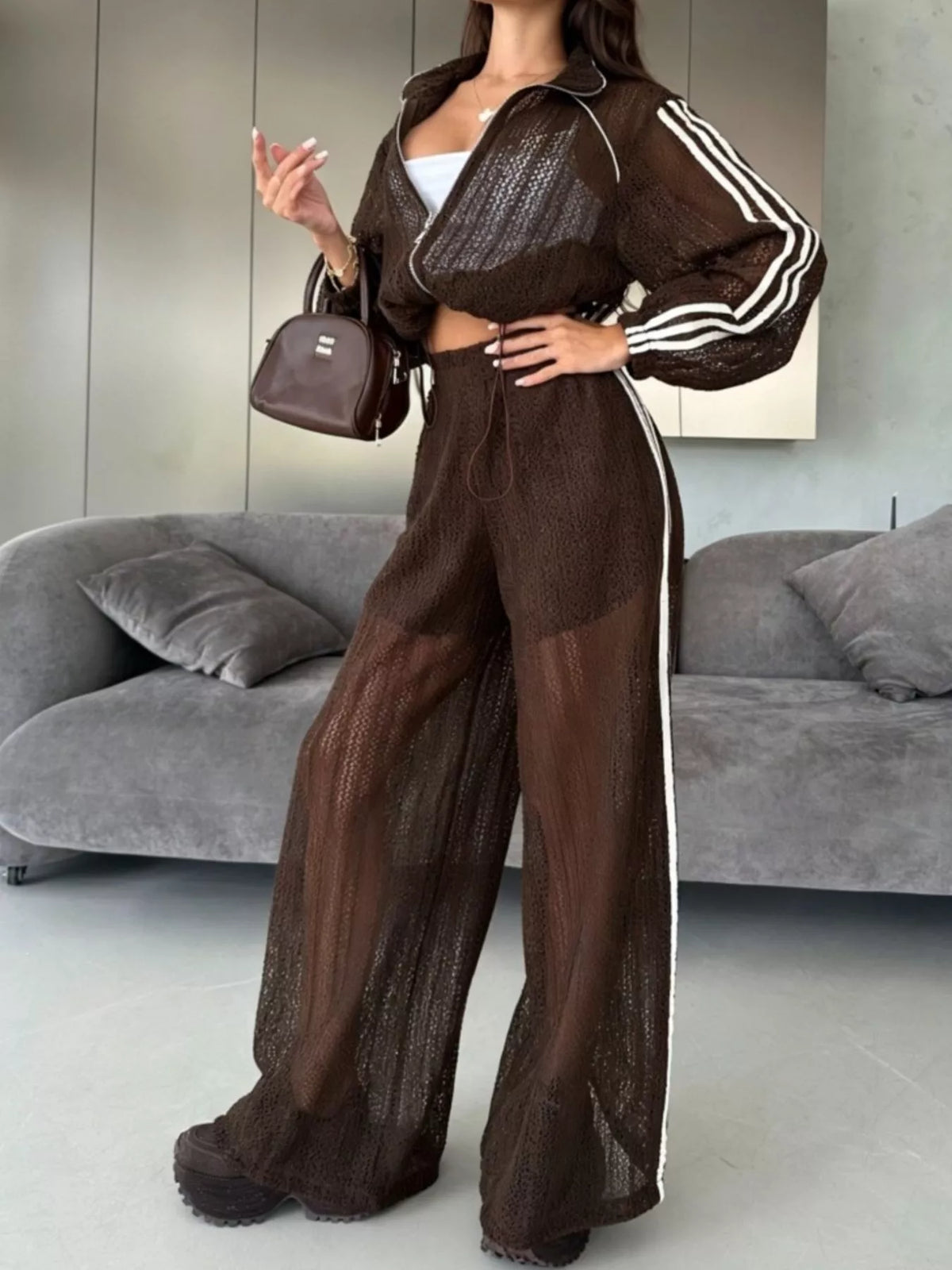 Side Stripes Zip Up Top and Pants Set - Lilixa.store