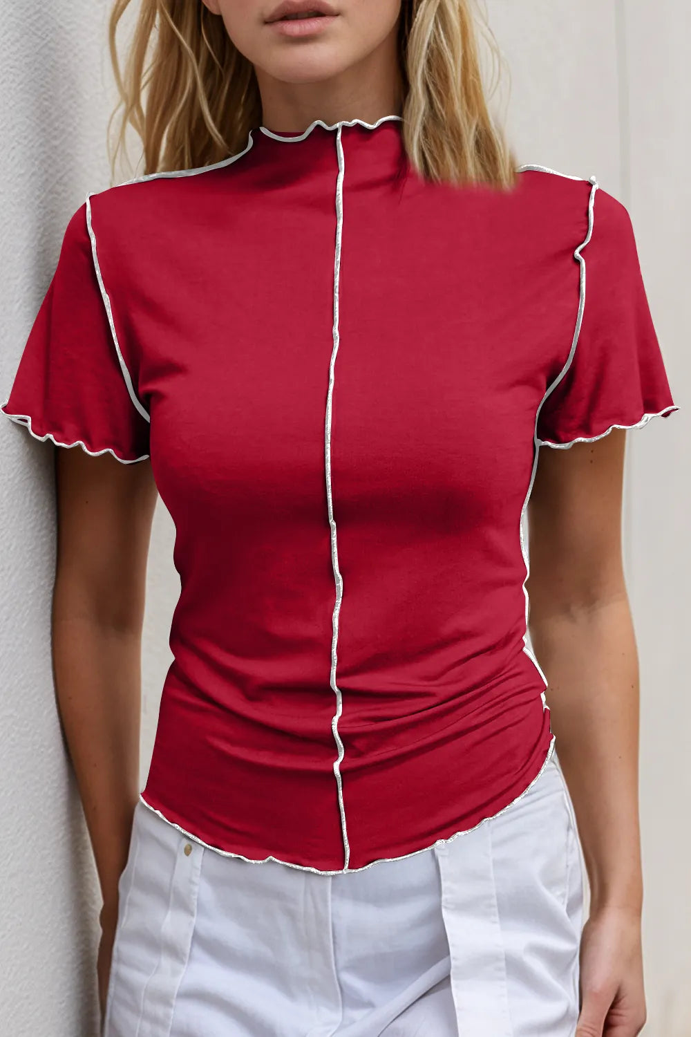 Basic Bae Mock Neck Wave Edge Contrast Stitching Ruffle Short Sleeve Slim Fit Casual Top - Lilixa.store