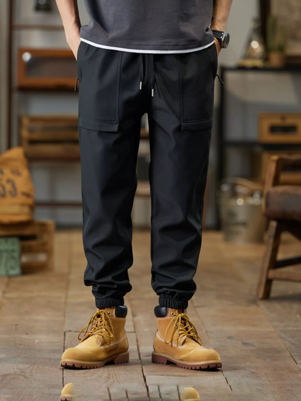 Men's Plus Size Casual Cargo Joggers in Black