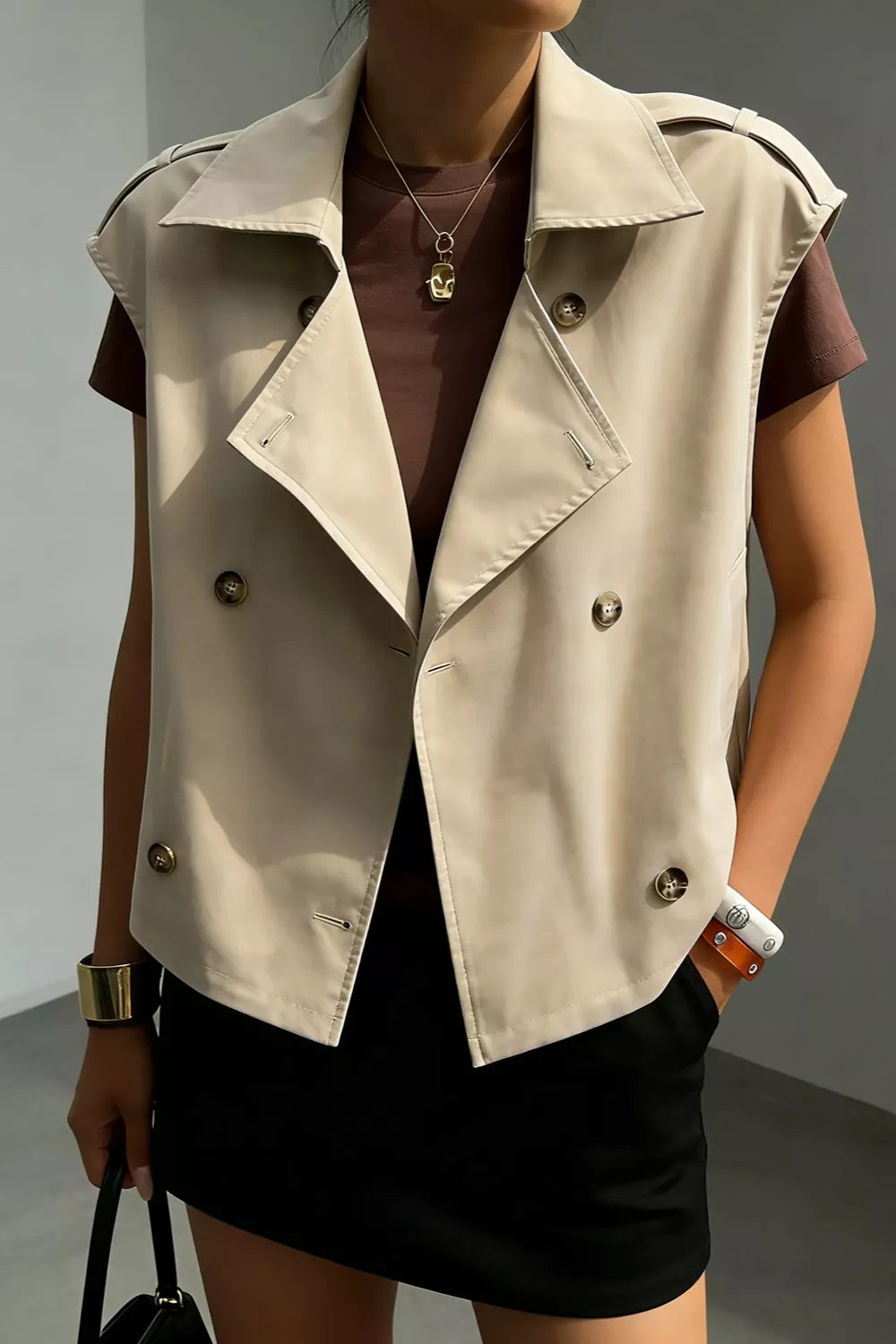 Double-Breasted Cropped Trench Vest Coat - Lilixa.store