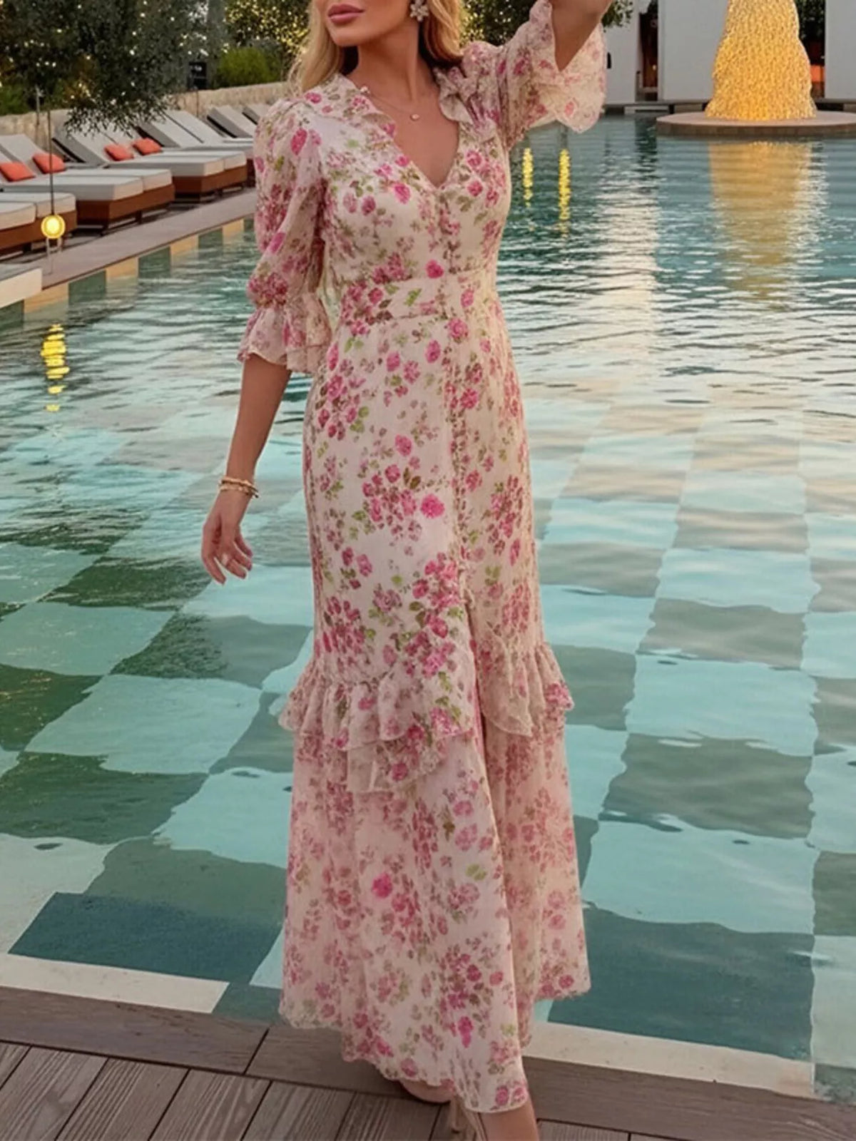 Full Size Ruffled Button Front Half Sleeve Dress Plus Size in Pink