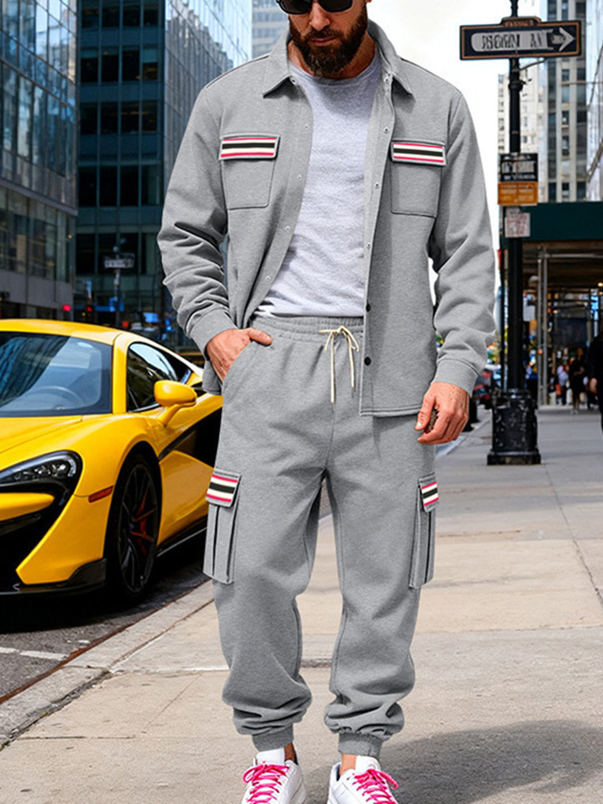 Men's Full Size Collared Neck Shacket and Pants Set Plus Size