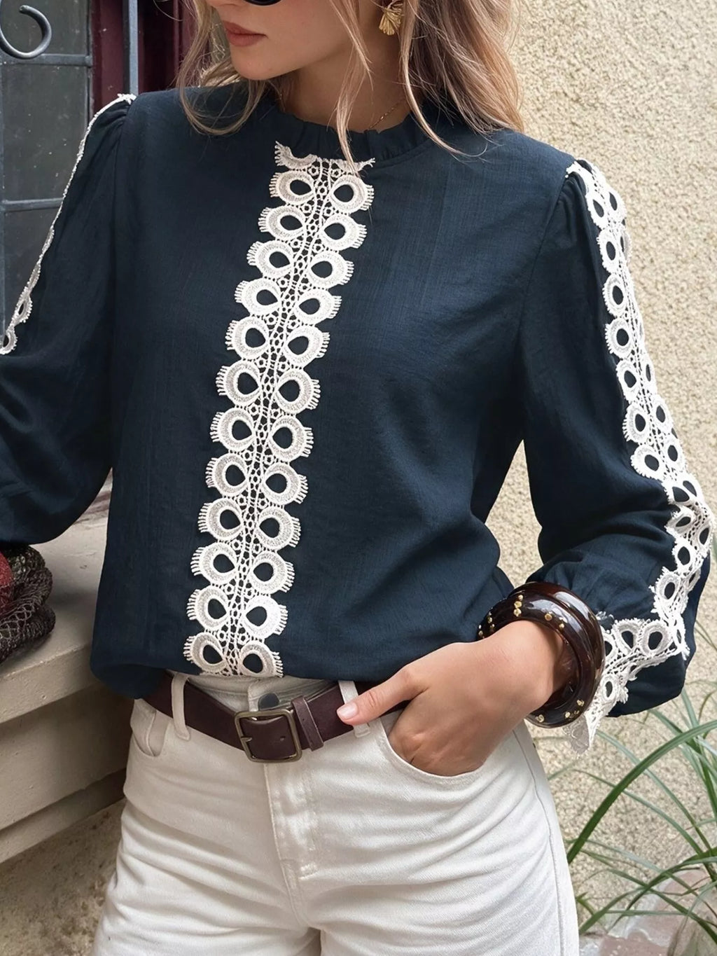 Lace Trim Long Sleeves Blouse - Lilixa.store