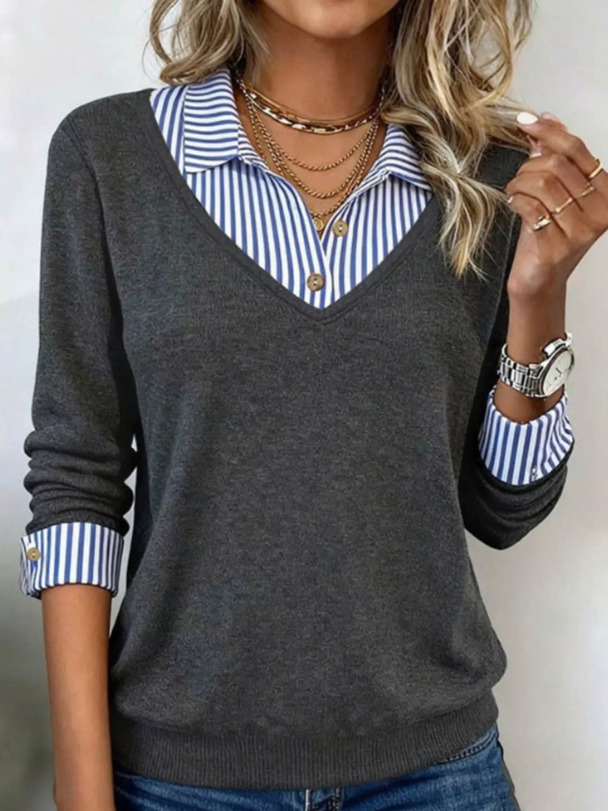 Layered Look Striped Collar Long Sleeve Top
