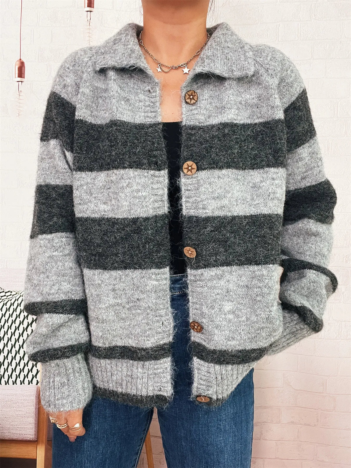 Striped Button-Up Cozy Cardigan - Lilixa.store