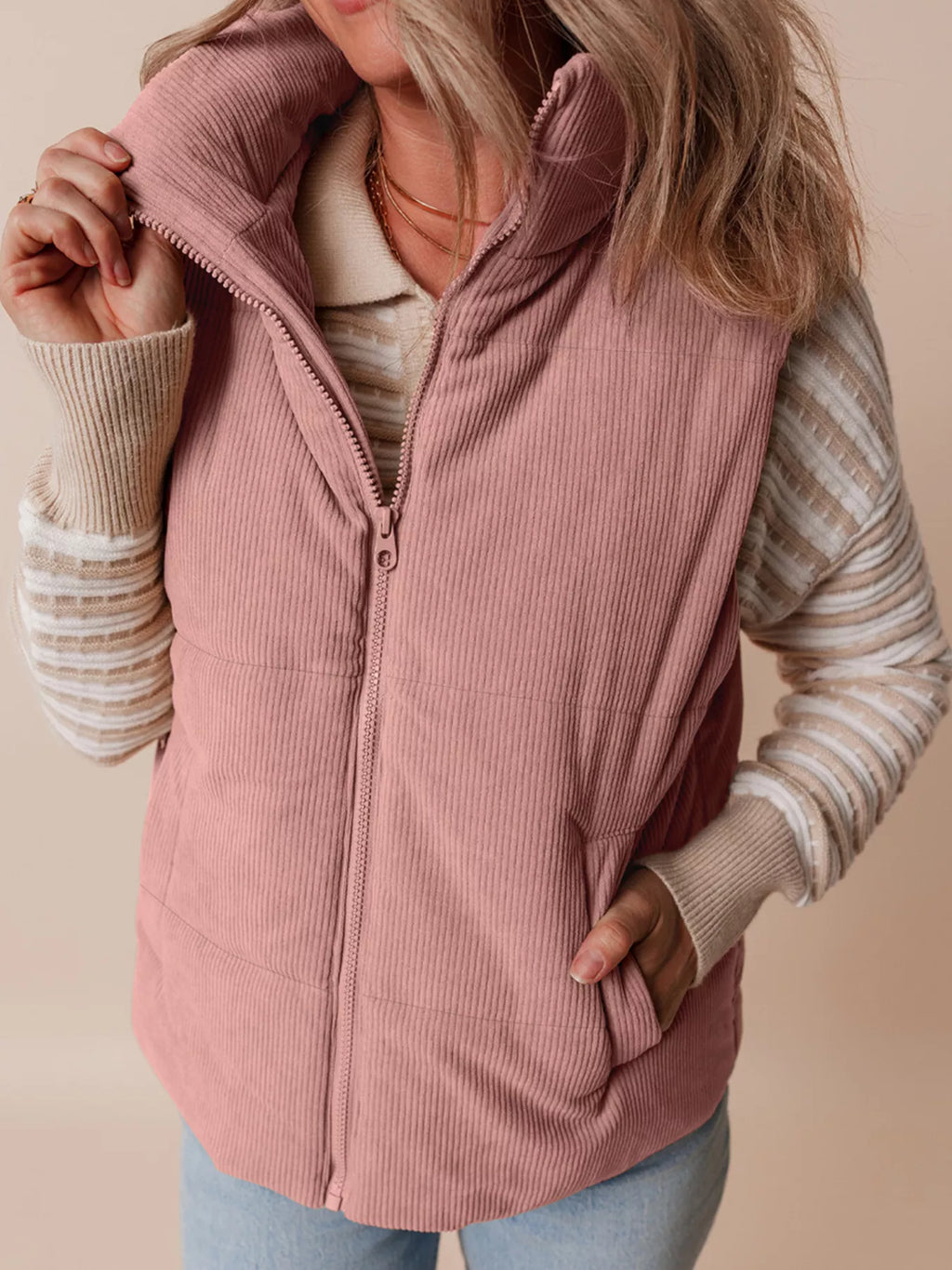 Corduroy Stand Neck Zipped Puffer Vest - Lilixa.store