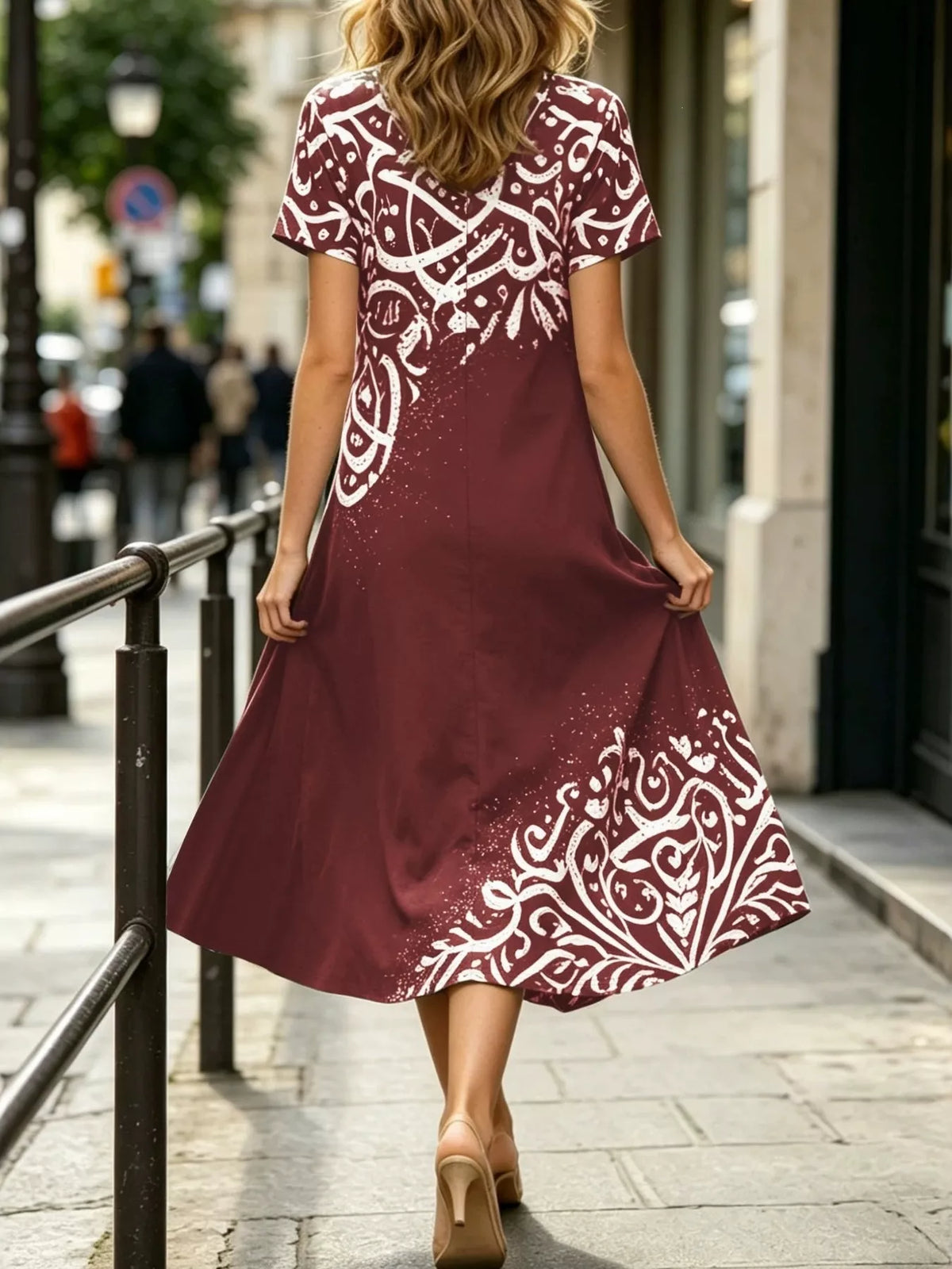 Printed Short Sleeve Midi Dress - Lilixa.store