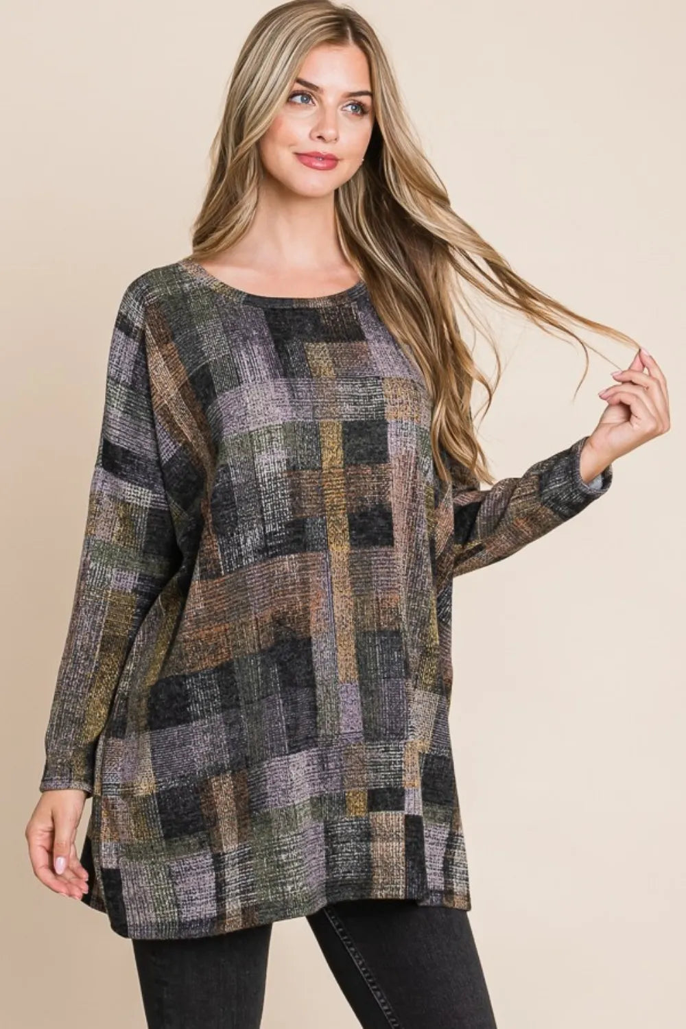BOMBOM Plaid Round Neck Long Sleeve Top - Lilixa.store