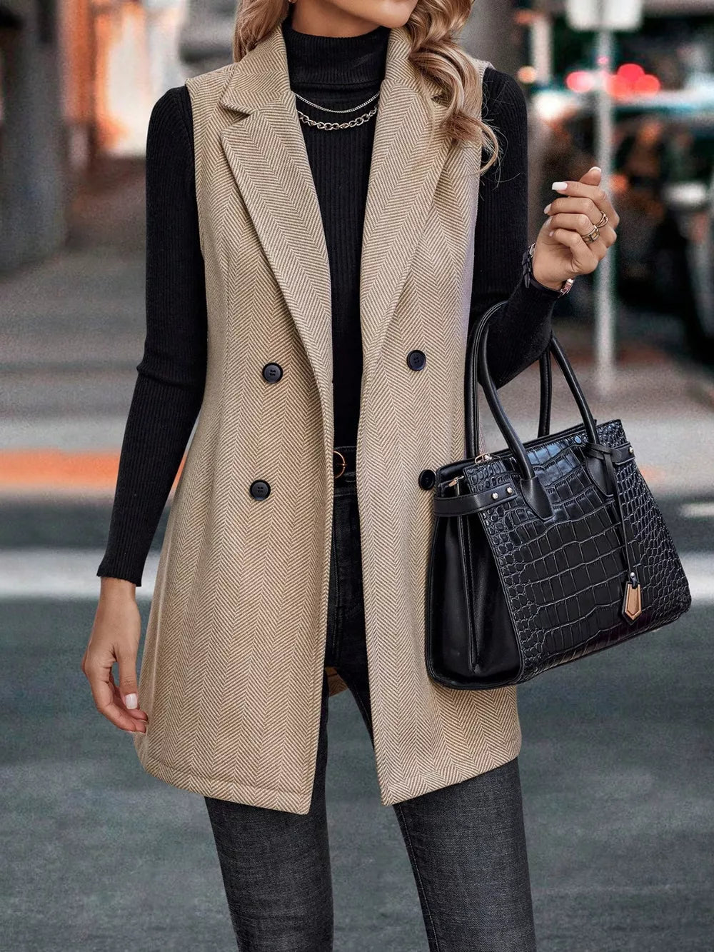 Buttoned Collared Neck Longline Vest Coat in Khaki