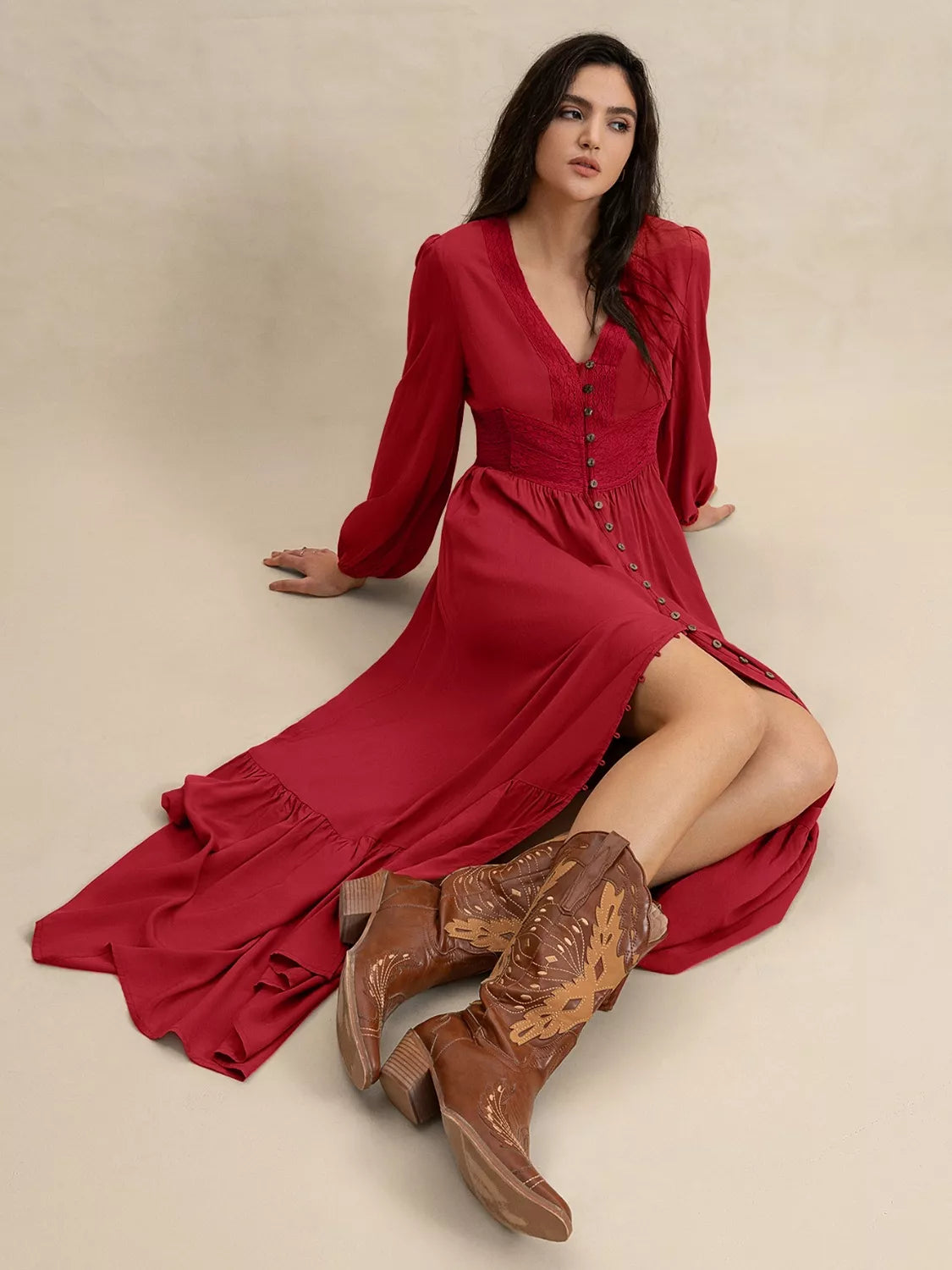 V-Neck Balloon Sleeve Ruffled Hem Maxi Dress - Lilixa.store