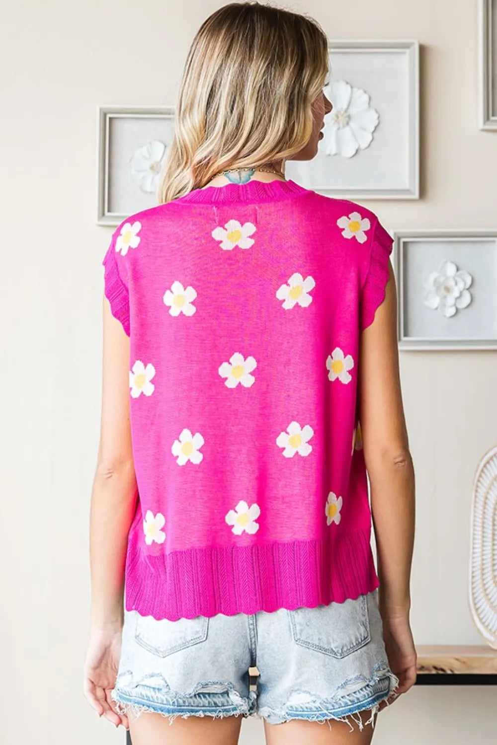 First Love Full Size Flower Pattern Round Neck Sweater Vest - Lilixa.store