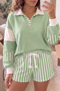 Striped Color Block Pullover Top Drawstring Shorts Set - Lilixa.store