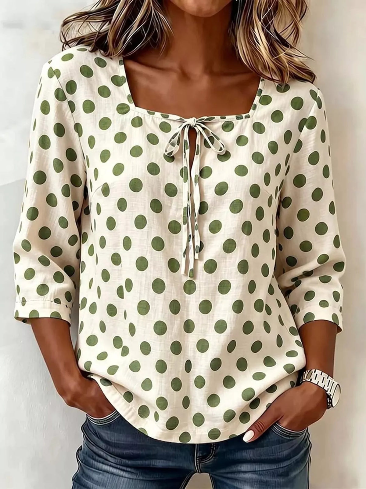Full Size Square Neck Polka Dot Blouse Plus Size - Lilixa.store