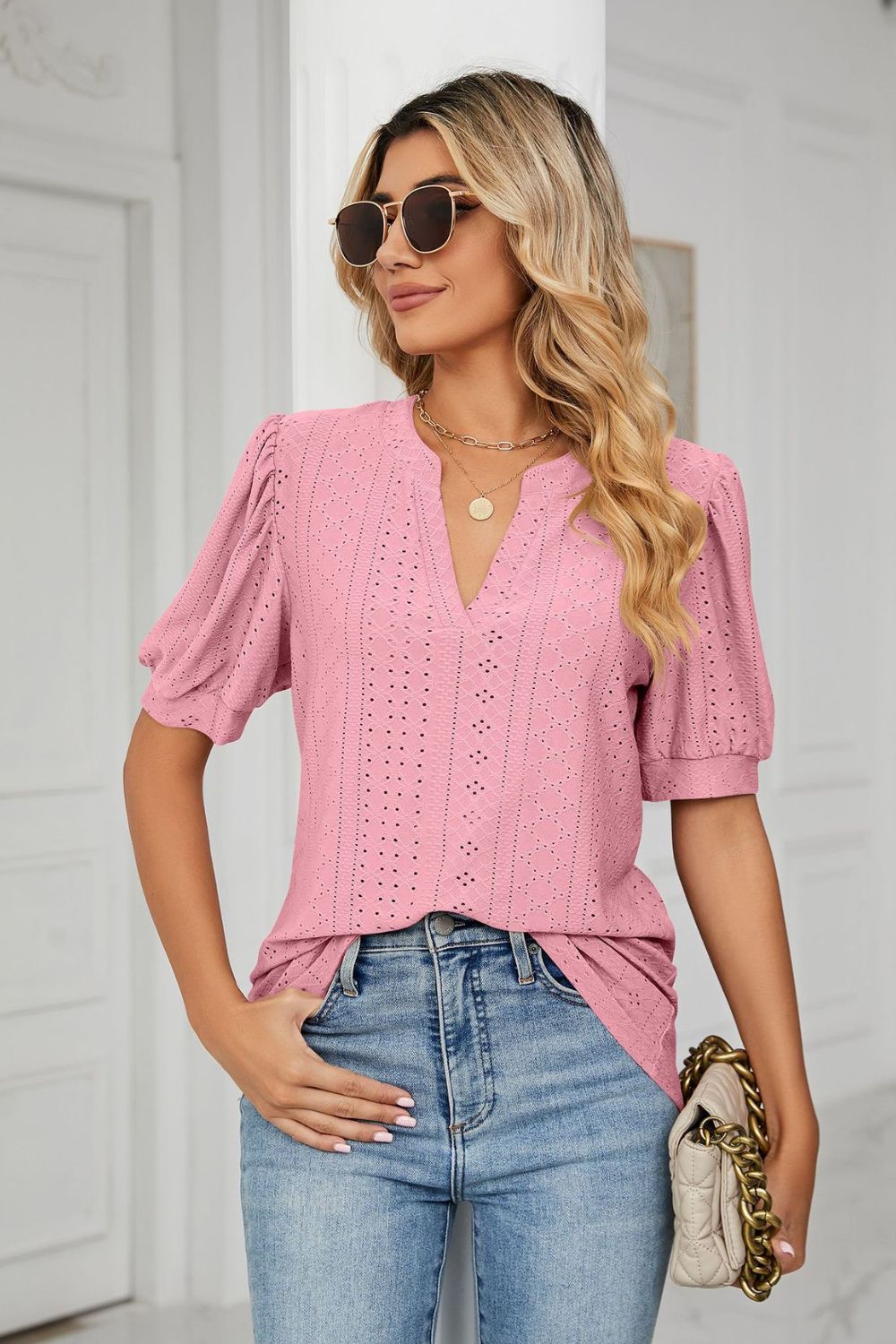 Eyelet Short Puff Sleeve Notched Neck Top in Pink