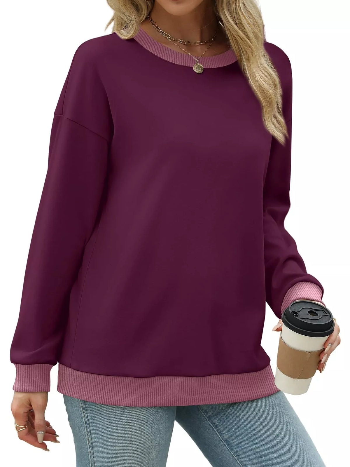 Contrast Trim Crew Neck Casual Sweatshirt - Lilixa.store
