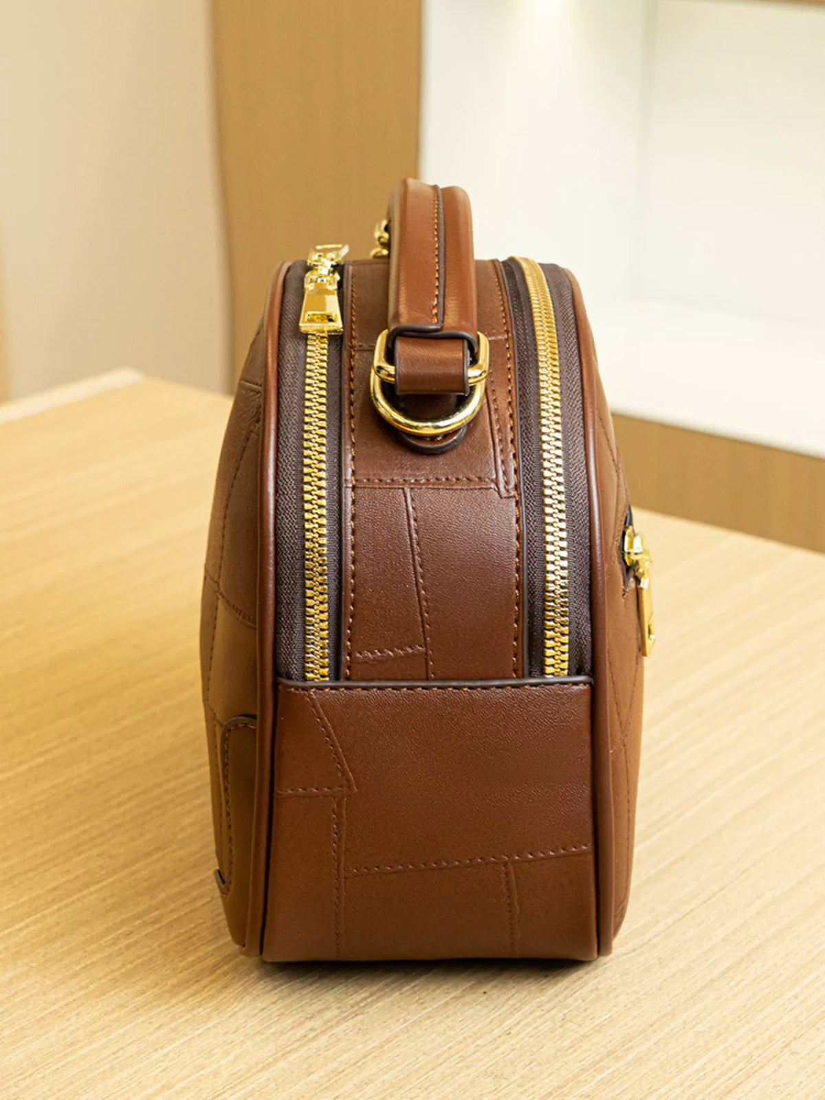 Patchwork Leather Crossbody Bag with Top Handle in Caramel, view 6