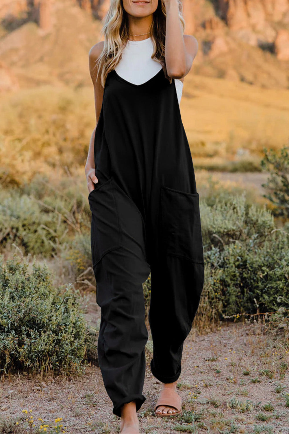 Double Take Full Size V-Neck Sleeveless Jumpsuit with Pockets - Lilixa.store