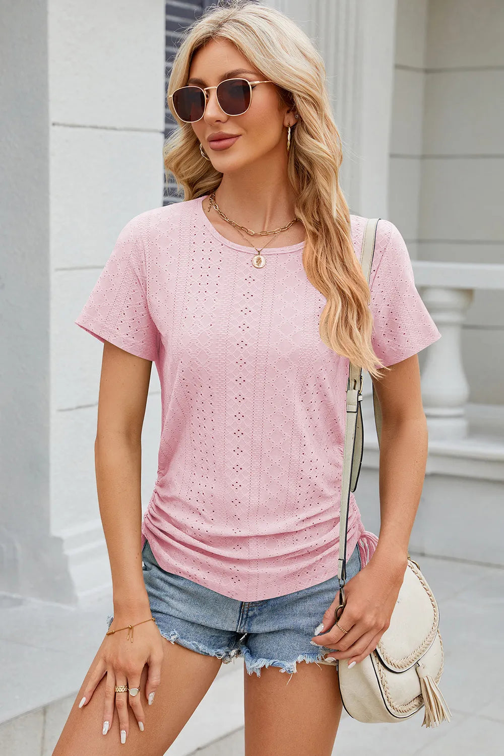 Eyelet Round Neck Short Sleeve T-Shirt - Lilixa.store