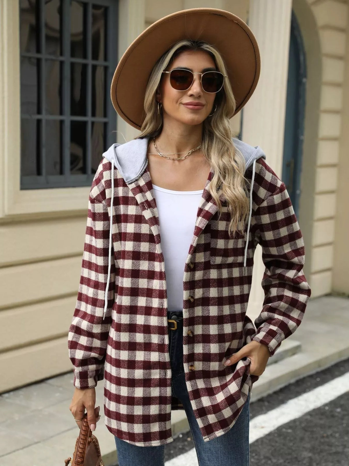 Plaid Button Up Long Sleeve Drawstring Hooded Jacket, view 19