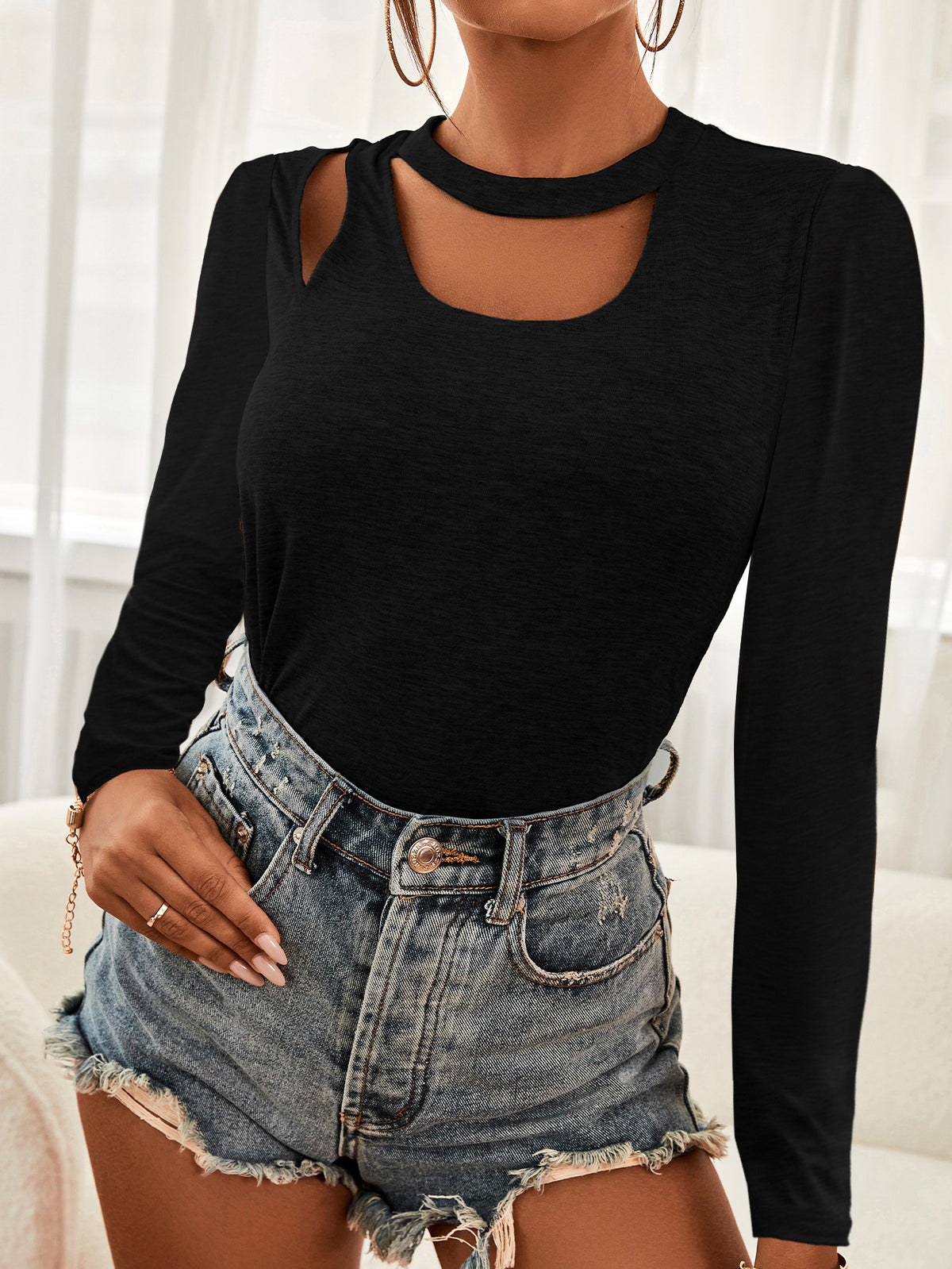 Cutout Long Sleeve Round Neck Top in Black, view 3