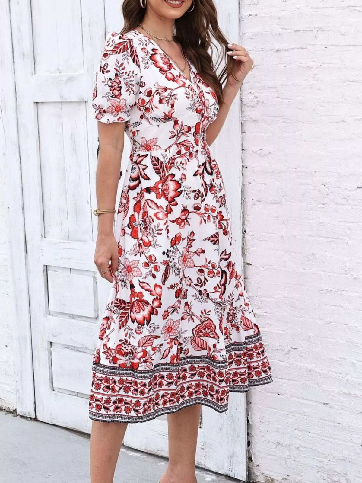 Floral Print Puff Sleeve Wrap Midi Dress