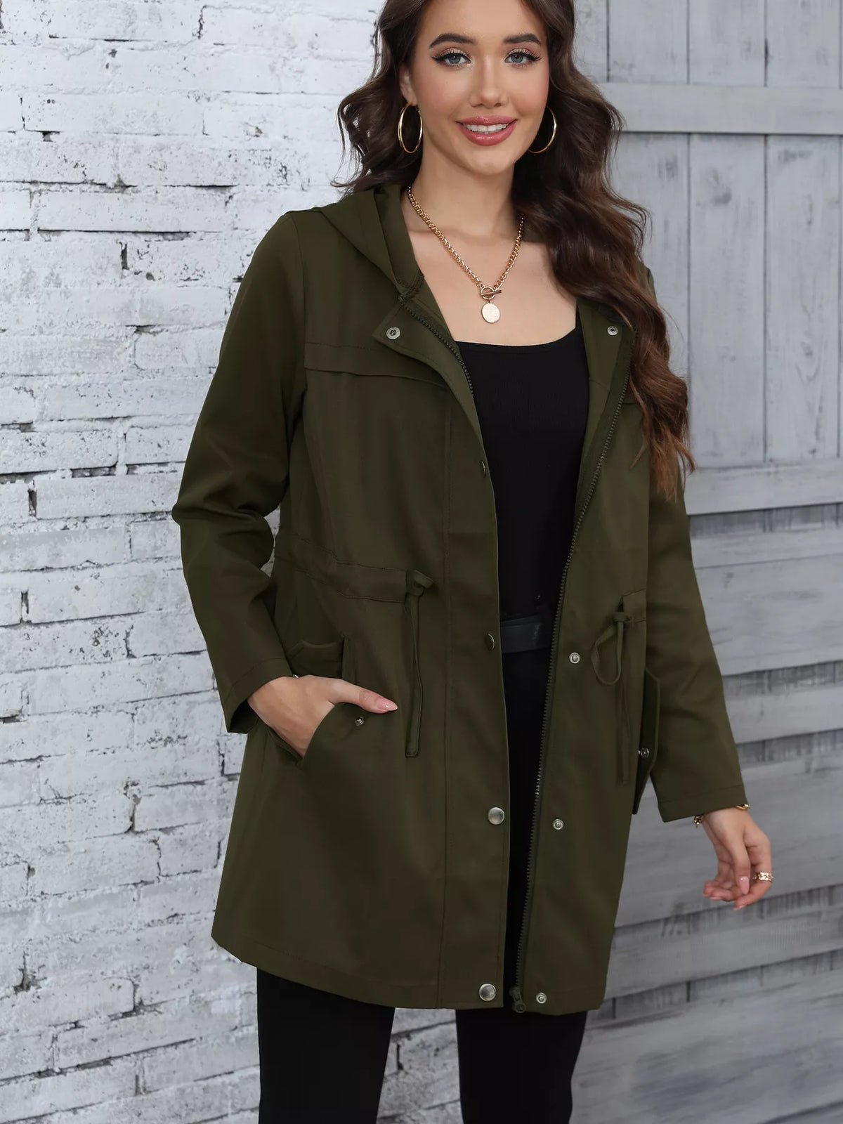 Hooded Drawstring Waist Casual Outerwear - Lilixa.store