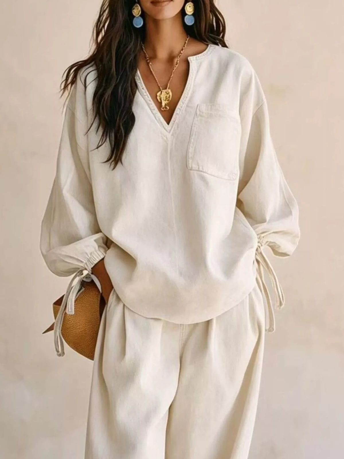 Relaxed Fit Drawstring Sleeve Detail Top and Pants Denim Set, view 4