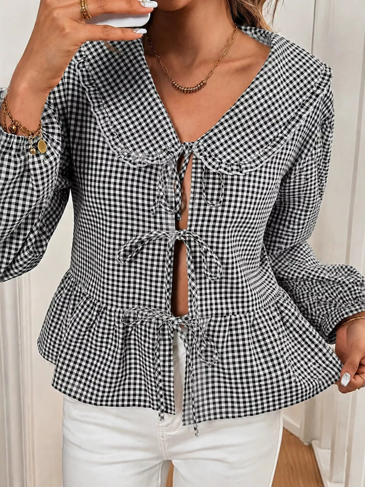 Gingham Tie-Front Peplum Blouse - Lilixa.store