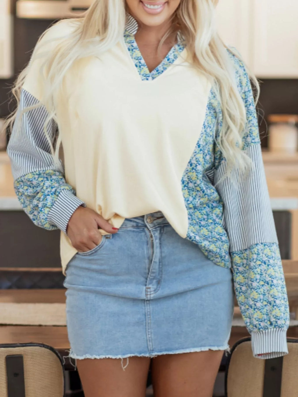 Floral Striped Drop Sleeve Collared Boxy Fit Sweatshirt - Lilixa.store
