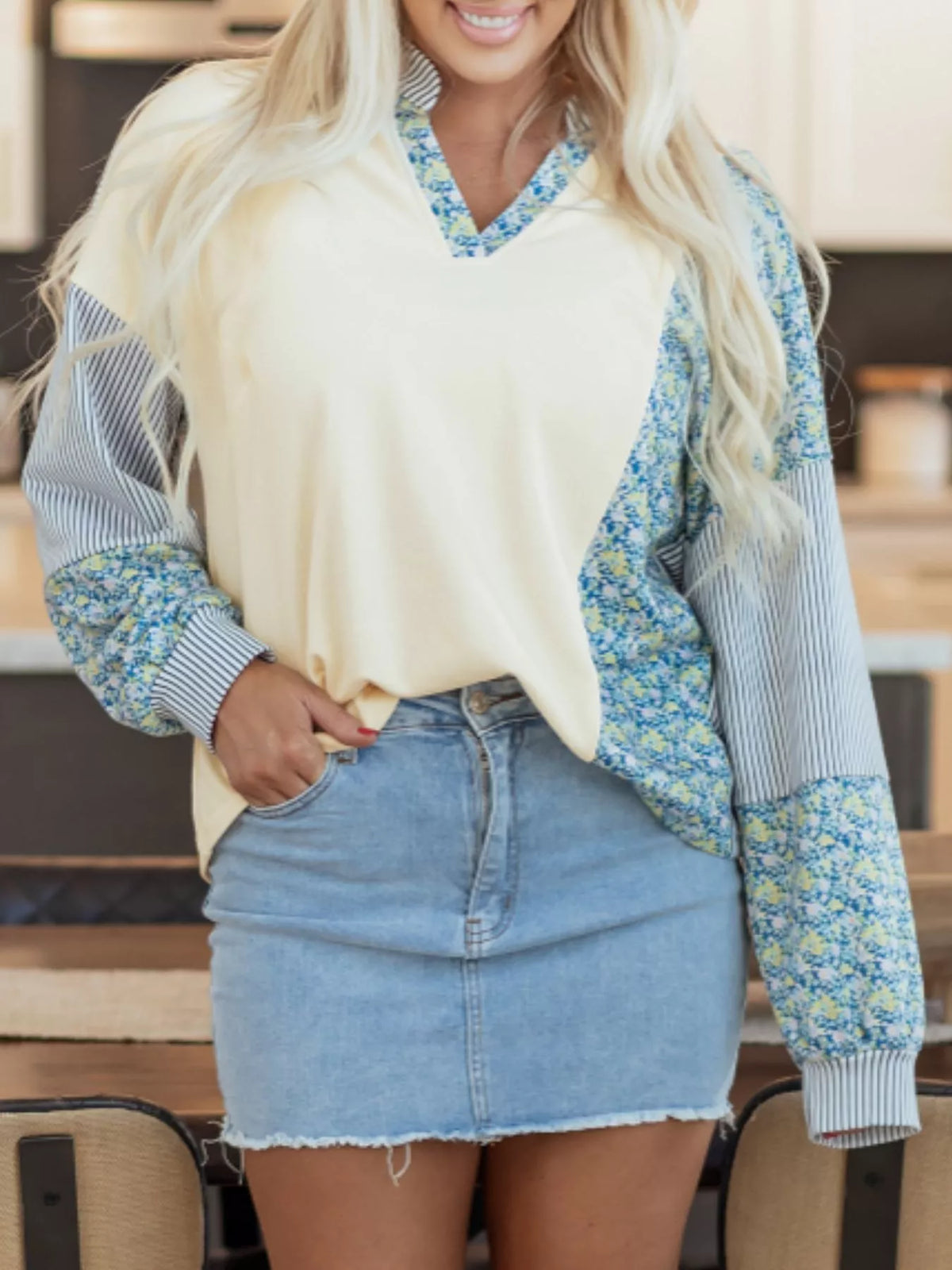 Floral Striped Drop Sleeve Collared Boxy Fit Sweatshirt - Lilixa.store