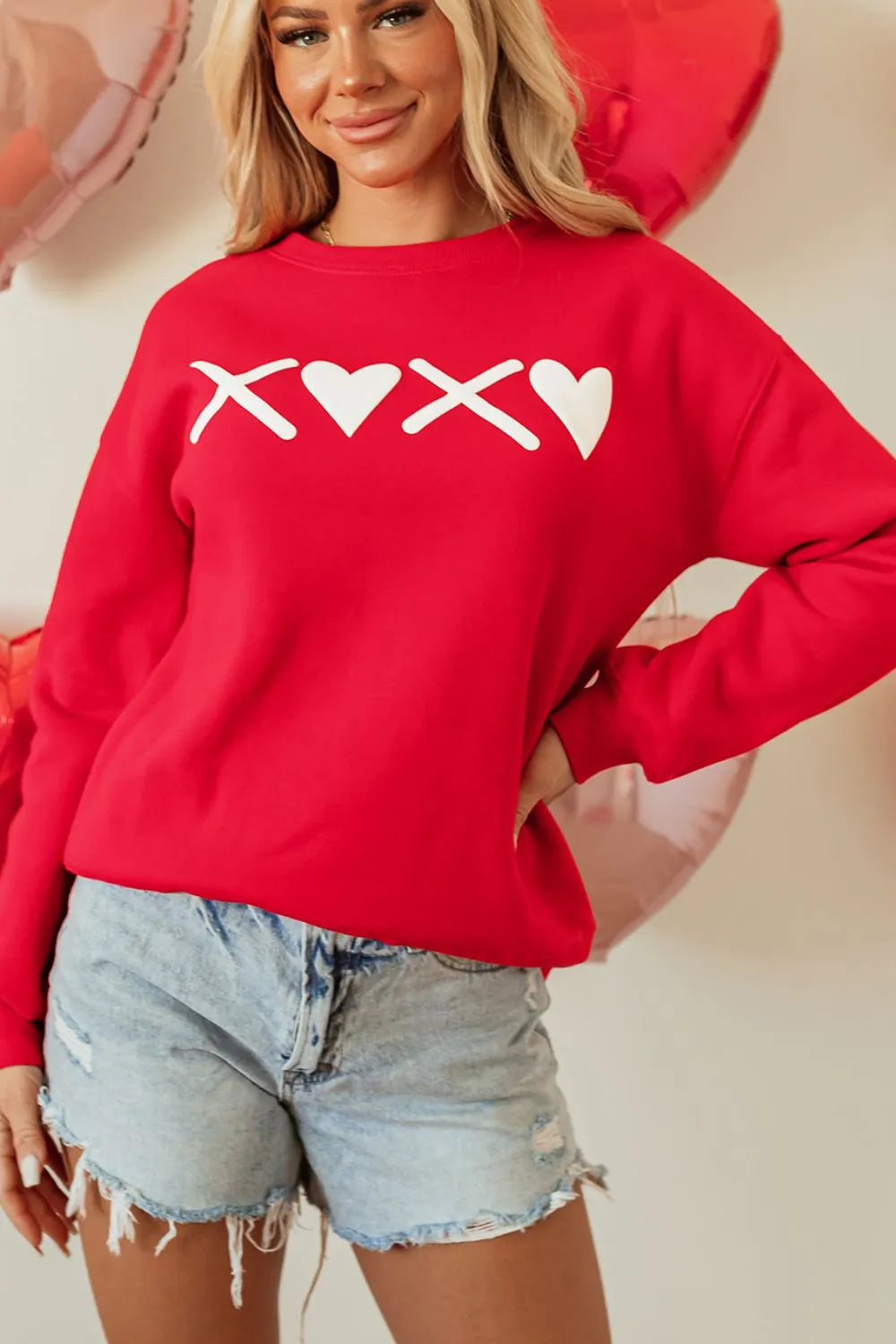 Valentine’s Day XOXO Round Neck Drop Shoulder Sweatshirt - Lilixa.store