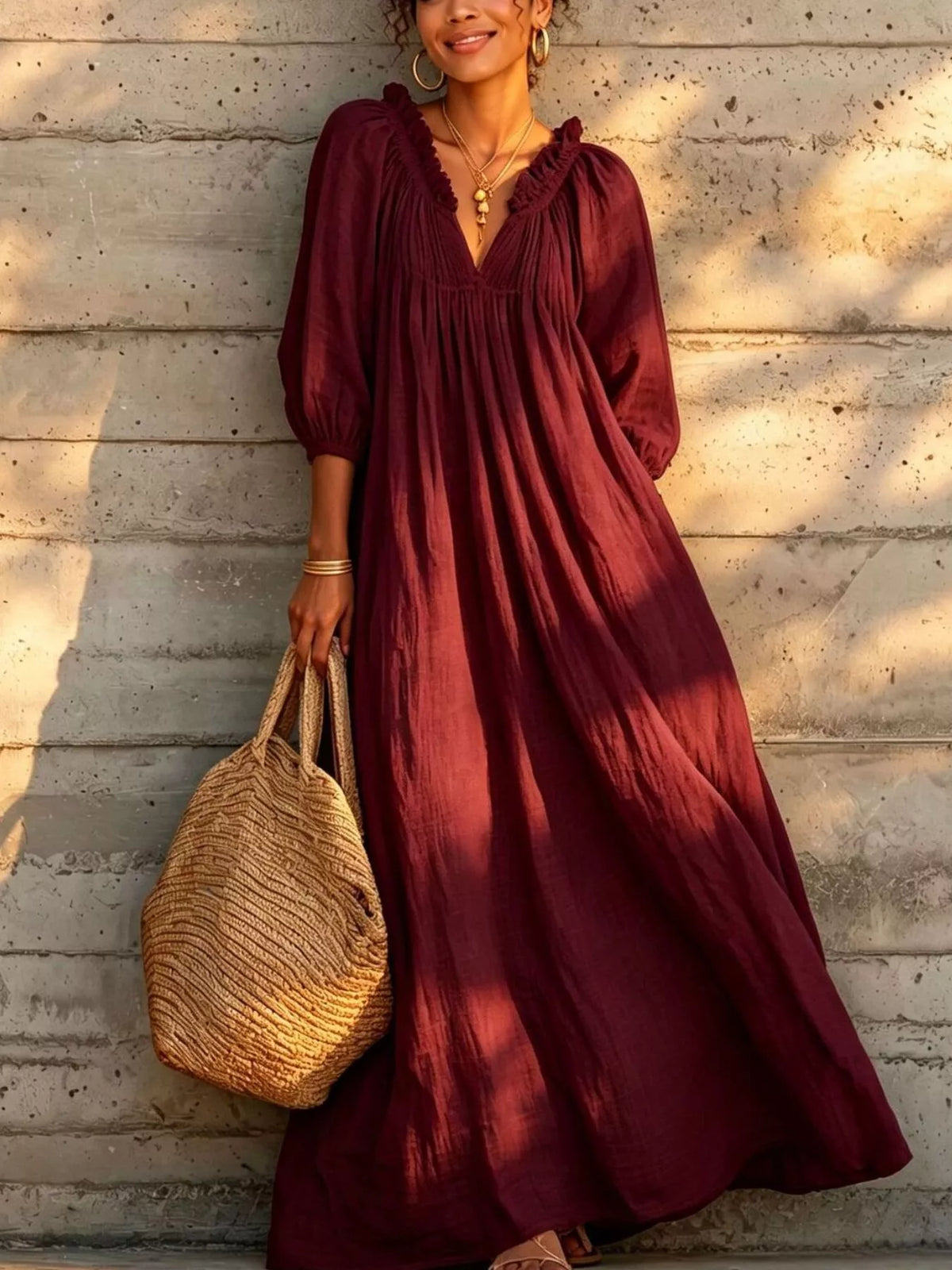 Tiered Notched 3/4 Sleeve Maxi Dress - Lilixa.store