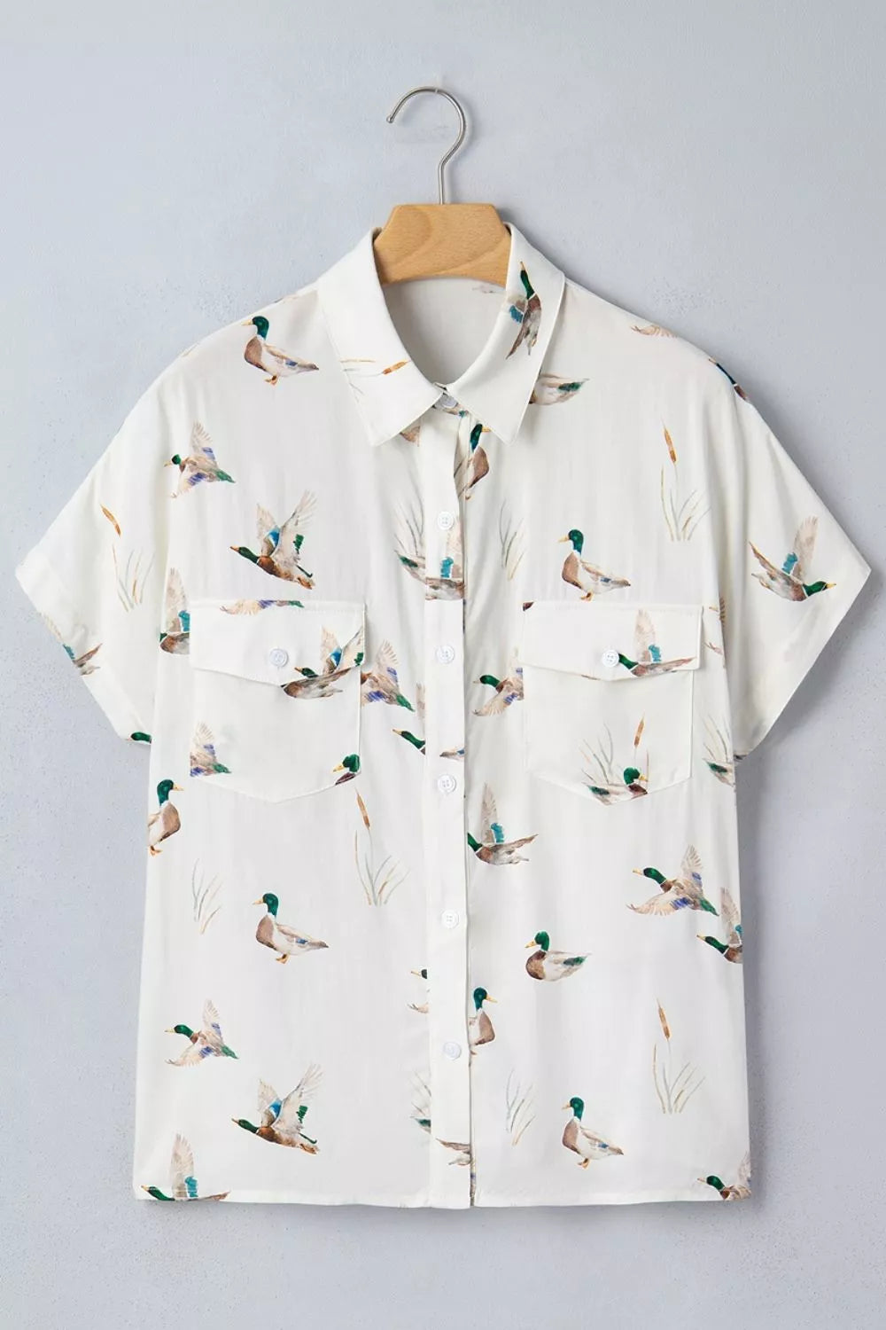 Mallard Printed Button Flap Pocket Short Sleeve Shirt in White, view 7
