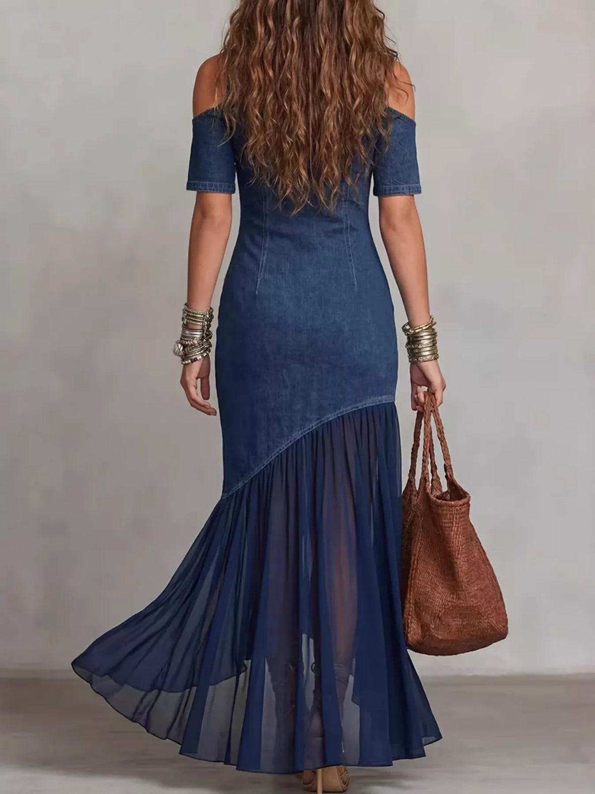 Mock Neck Cold Shoulder Ruffle Hem Maxi Dress, view 2