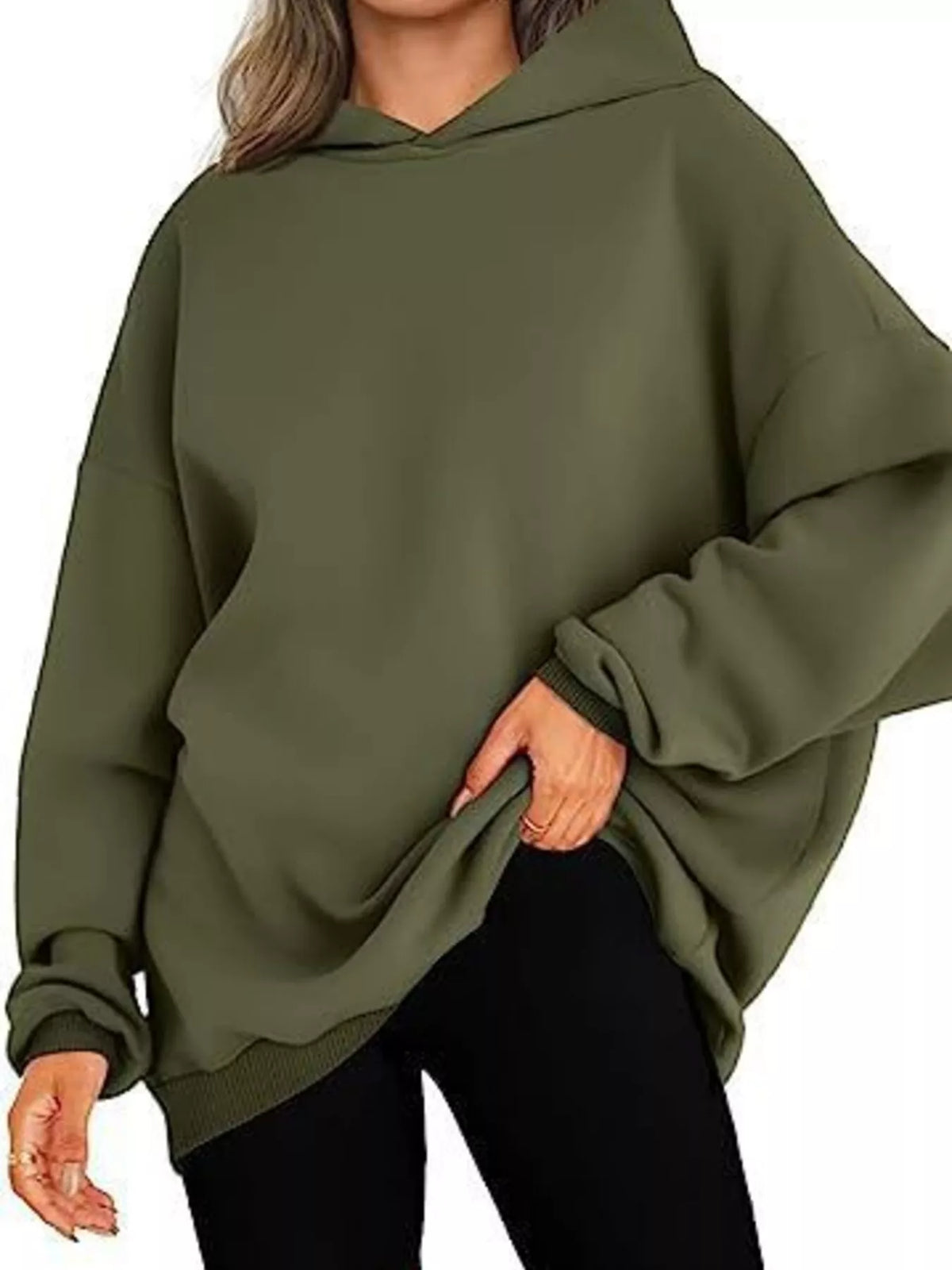 Drop Shoulder Long Sleeve Hoodie in Army Green