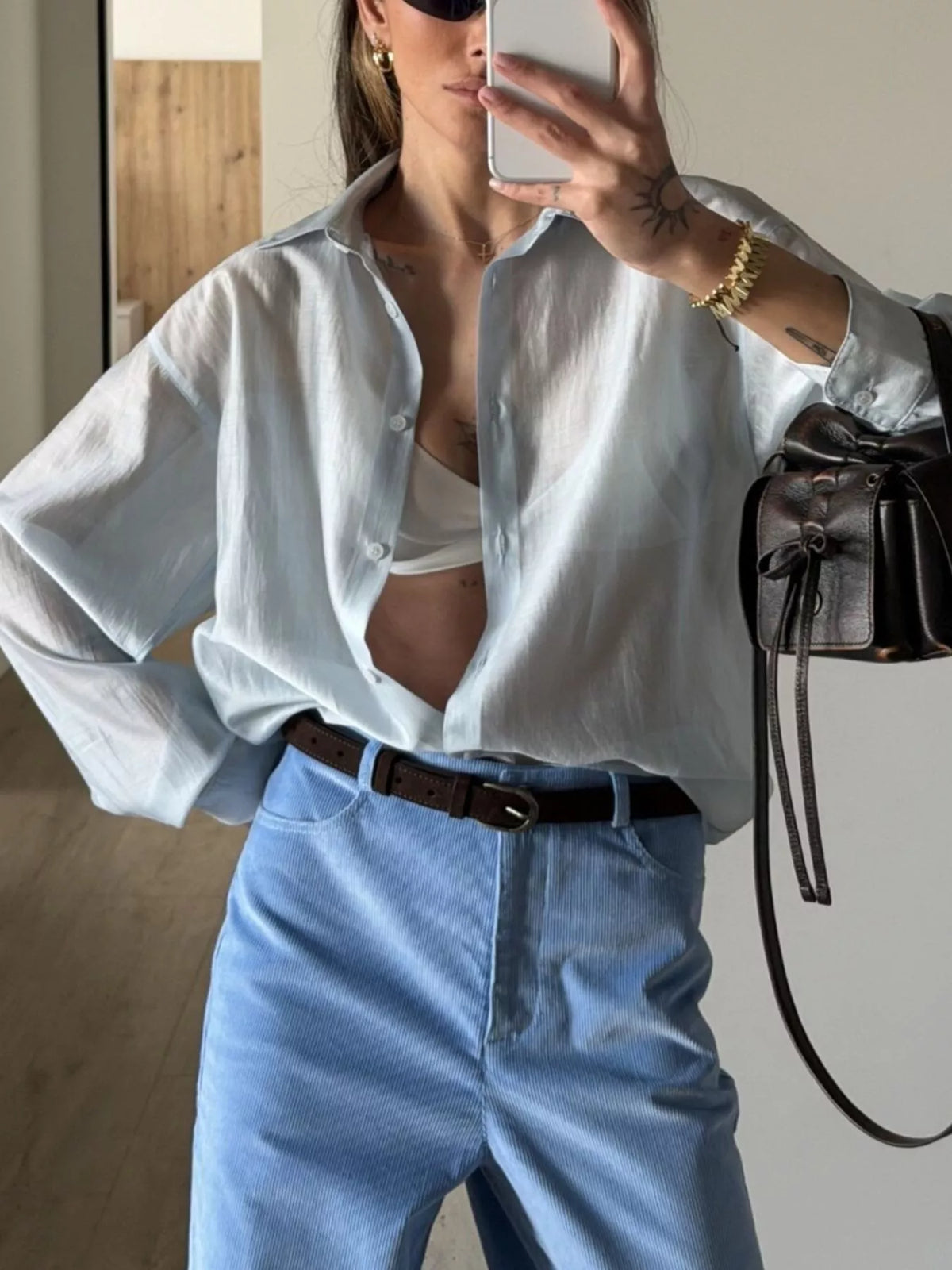 Sheer Oversized Button-Up Shirt, view 8