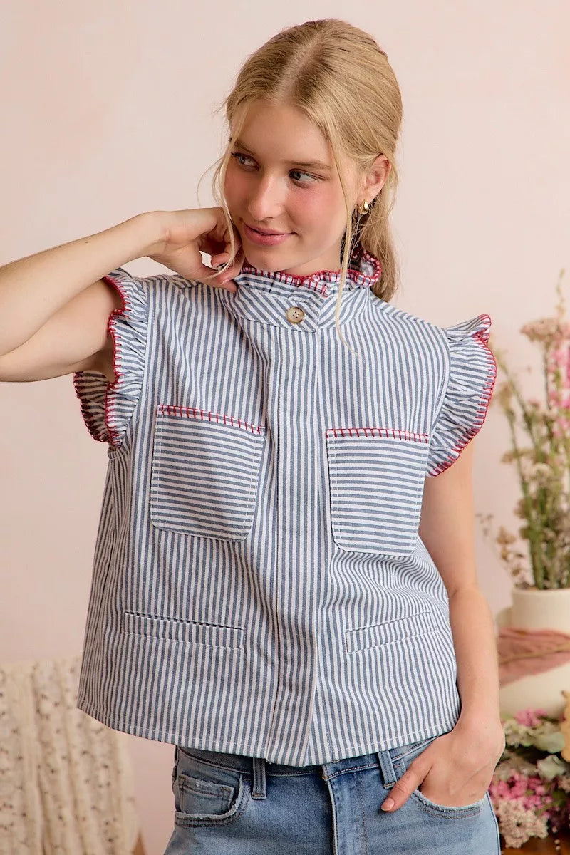SO ME Stripe Twill Stitch Ruffled Hidden Button Vest Top - Lilixa.store