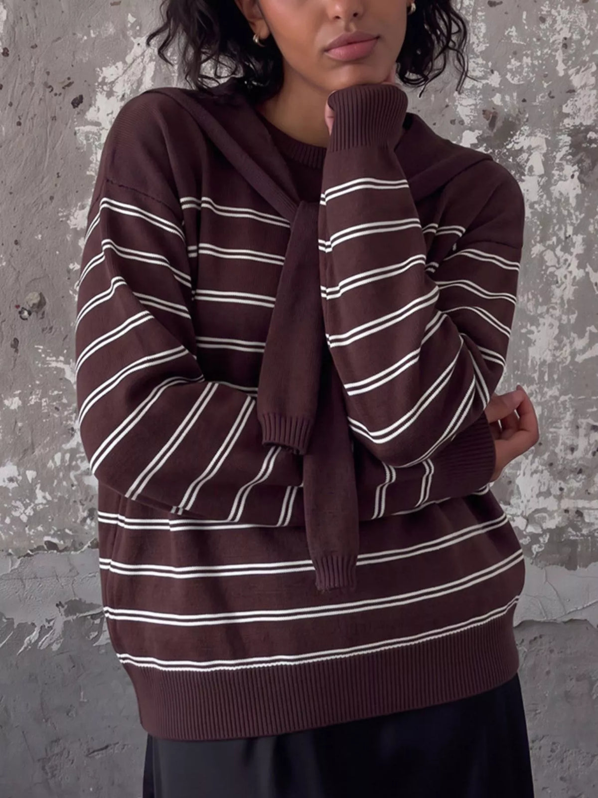 Classic Striped Crewneck Knit Top with Layered Sweater Detail in Dark Brown