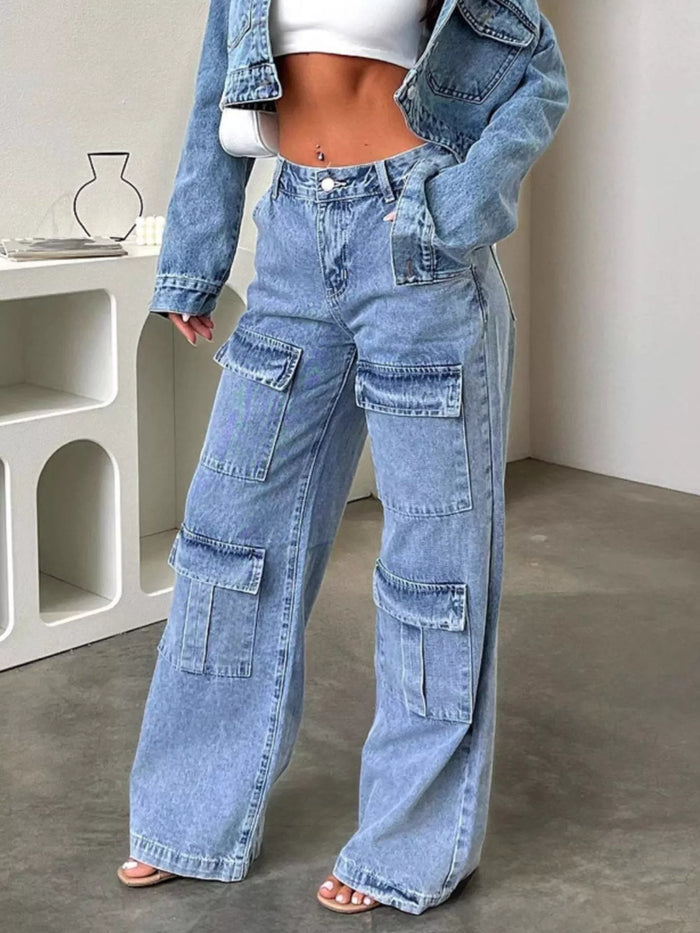 High-Waisted Wide-Leg Cargo Jeans in Blue
