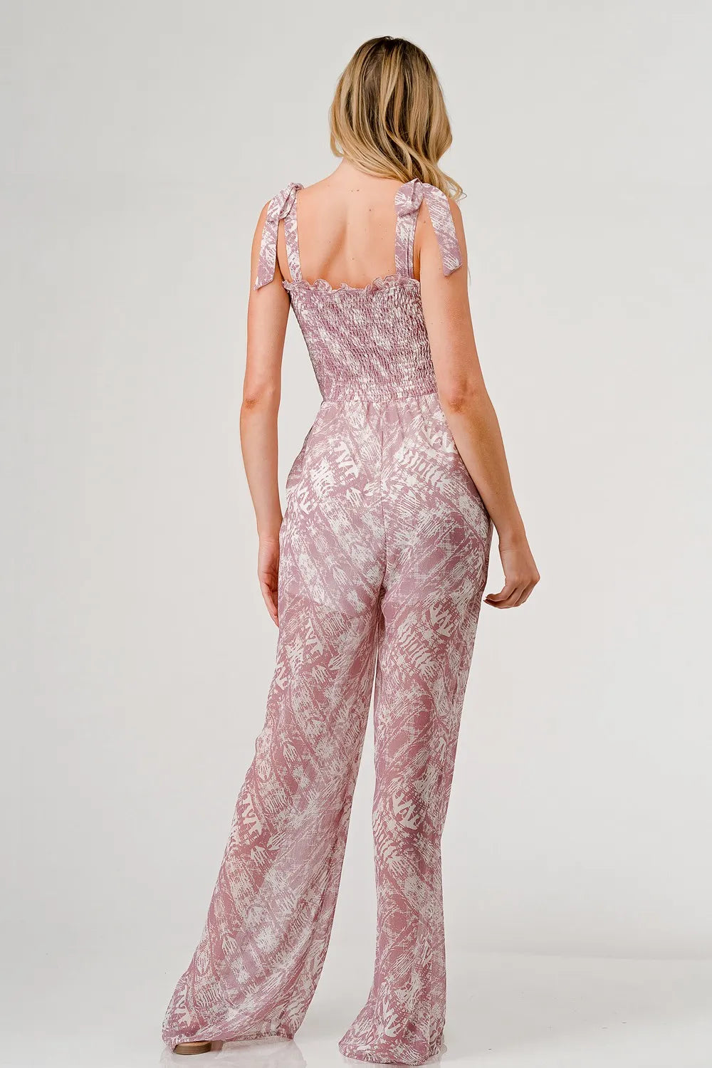 GeeGee Printed Tie Shoulder Wide Leg Jumpsuit - Lilixa.store