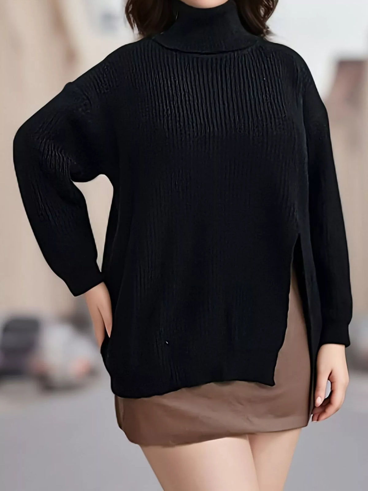 Plus Size Side Slit Ribbed Turtleneck Sweater - Lilixa.store